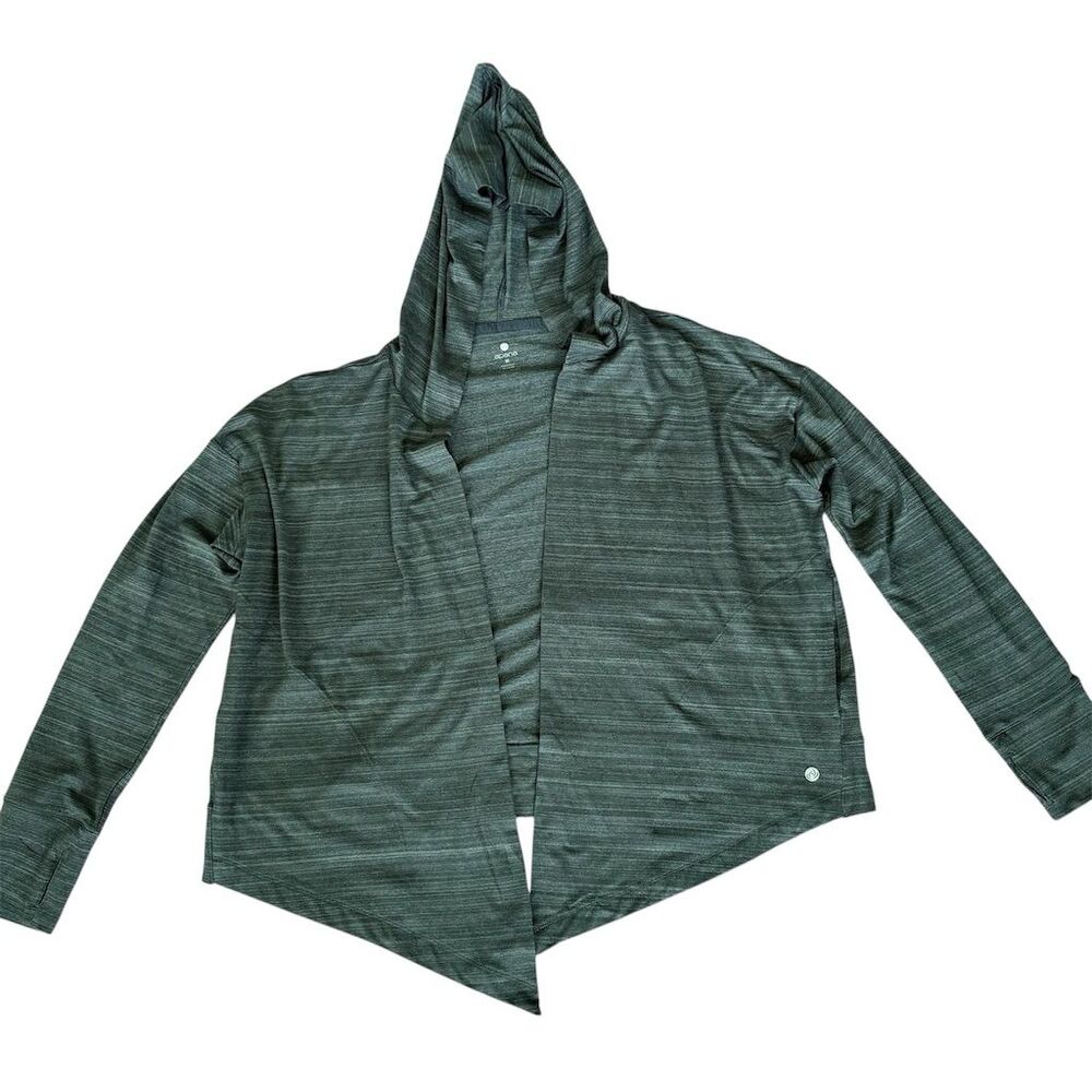 Apana Women's Green‎ Hooded Cardigan Sweater M Open Front Thumb Holes